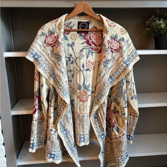 Johnny Was  Biya Floral Knit Cardigan Chenille Beige Boho - Picture 2 of 16